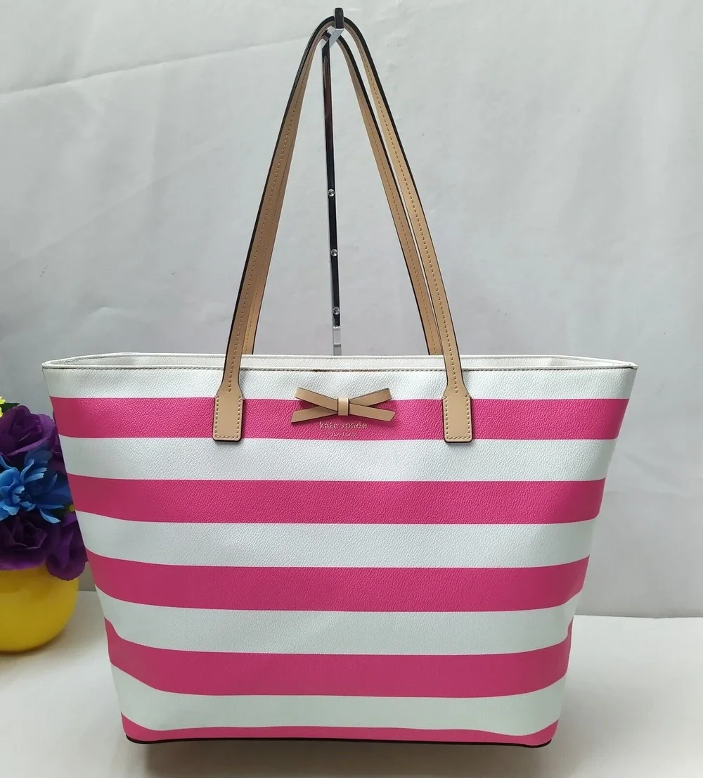 Kate Spade Pink Stripe Leather Trim Bow Double Handles Zipper Tote Shoulder Bag